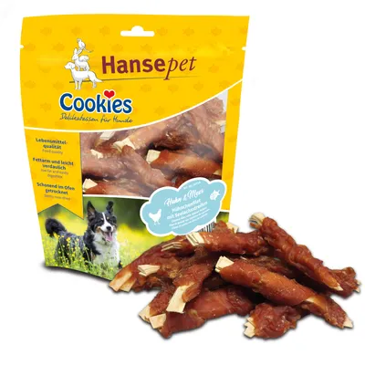 Hansepet Cookies Delikatessen für Hunde. Hähnchenfilet mit Seelachsstreifen, fettarm und leicht verdaulich, schonend im Ofen getrocknet. Lebensmittelqualität.