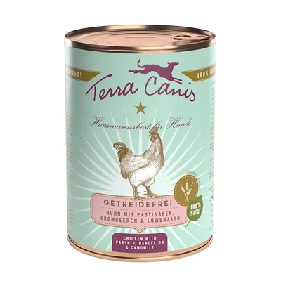 Terra Canis cibo per cani, senza cereali, pollo con pastinaca, more e tarassaco, 100% naturale, cucina casalinga per cani.