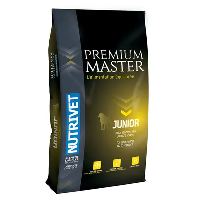Nutrivet Premium Master Junior, alimentation équilibrée pour jeunes chiens jusqu'à 2 ans. Nourriture complète pour chiens axée sur l'équilibre, la digestion et l'énergie.