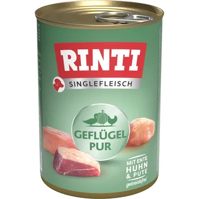 Rinti Singlefleisch Geflügel Pur, getreidefrei, mit Ente, Huhn und Pute. Grünes Dosen-Design mit Fleischabbildungen.