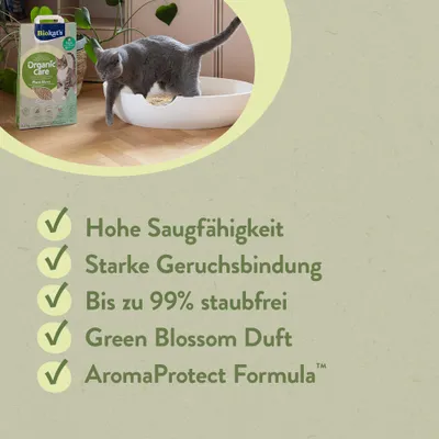 Biokat's Organic Care Plant Fiber Katzenstreu. Hohe Saugfähigkeit, starke Geruchsbindung, bis zu 99% staubfrei, Green Blossom Duft, AromaProtect Formula.