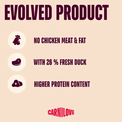 PRODUS EVOLUAT: fără carne și grăsime de pui, cu 26% rață proaspătă, conținut mai ridicat de proteine. Carnilove. PRODUS EVOLUAT: fără carne și grăsime de pui, cu 26% rață proaspătă, conținut mai ridicat de proteine. Carnilove.