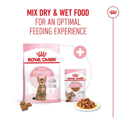 Royal Canin Kitten Sterilised 6 to 12 Months Dry and Wet Food. Recommendation: Mix dry and wet food for an optimal feeding experience.