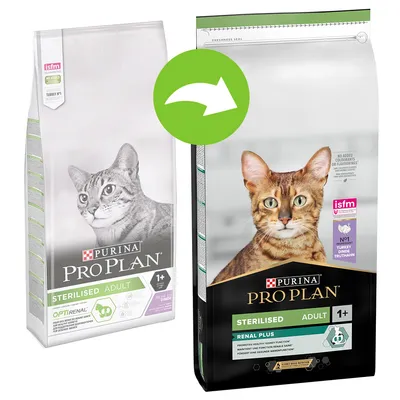 Twee verpakkingen Purina Pro Plan Sterilised Adult 1+ kattenvoer, links oud ontwerp, rechts nieuw ontwerp met kat en groene pijl ertussen. Tekst: isfm, NO1 Turkey, Renal Plus.