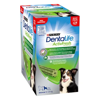Purina Dentalife ActivFresh Maxi Pack mit 24 Sticks für Hunde von 12-25 kg. Entwickelt zur Bekämpfung von Bakterien, die schlechten Atem verursachen. Mit natürlichen Zutaten hergestellt.