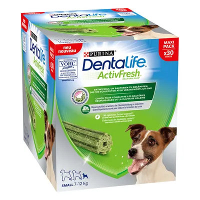Purina Dentalife ActivFresh Maxi Pack mit 30 Sticks für Hunde von 7-12 kg. Entwickelt zur Bekämpfung von Bakterien, die schlechten Atem verursachen. Mit natürlichen Zutaten hergestellt.