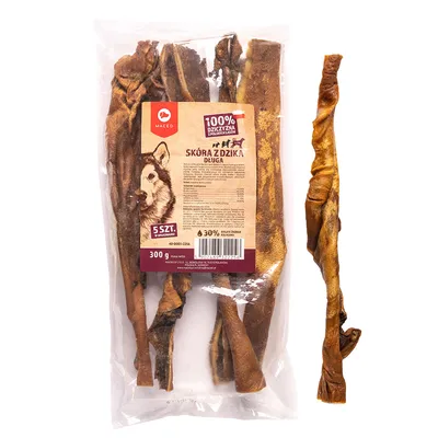 Balení 5 kusů sušené kůže z divočáka, značka MACED, nápis 100% DZICZYZNA POLSKIEGO LASU, hmotnost 300 g, viditelný obrázek psa na etiketě.