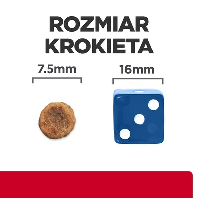 Rozmiar krokieta: średnica 7,5 mm obok niebieskiej kostki o boku 16 mm. Porównanie wielkości dla łatwiejszego wyboru produktu.