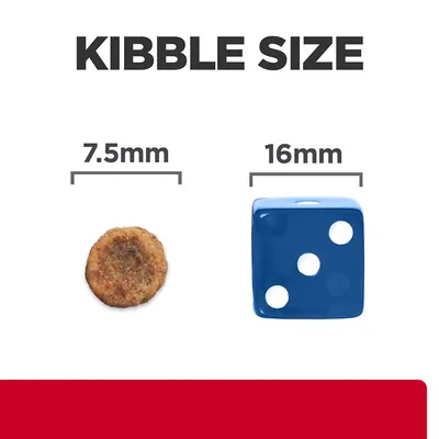 Kibble size comparison showing a 7.5mm round kibble next to a 16mm blue dice for scale.