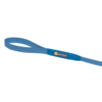 Blue fabric dog lead with loop handle, visible RUFFWEAR brand label on the strap