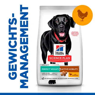 Hill's Science Plan Hundefutter für Gewichtsmanagement, Perfect Weight & Active Mobility, mit Huhn, für Hunde ab 25kg und ab 1 Jahr. Ohne künstliche Konservierungsstoffe oder Aromen.