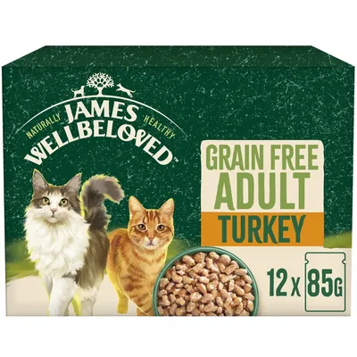 Grain free adult turkey, 12 packs of 85g each. Image shows food pieces and two cats beside the product name.