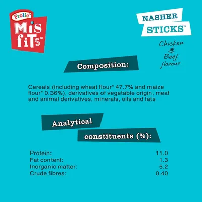 Misfits Nasher Sticks chicken and beef flavour. Composition: cereals including wheat flour 47.7%, maize flour 0.36%, vegetable and animal derivatives, minerals, oils, fats. Protein 11%.