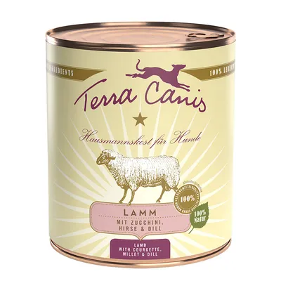 Terra Canis kotiruokaa koirille, lammas, kesäkurpitsa, hirssi ja tilli. 100 % luonnollinen, gluteeniton, elintarvikelaatu.