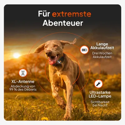 Für extremste Abenteuer: XL-Antenne mit 99% Abdeckung, lange Akkulaufzeit von drei Wochen, ultrastarke LED-Lampe für Sichtbarkeit bei Nacht.