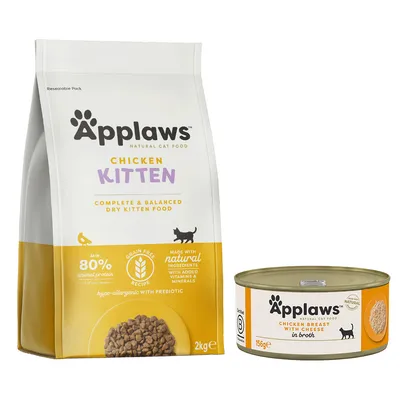 Pienso seco Applaws Chicken Kitten 2 kg: mínimo 80 % proteína animal, receta sin cereales. Lata Applaws Chicken Breast with Cheese in Broth 156 g. Textos en inglés.