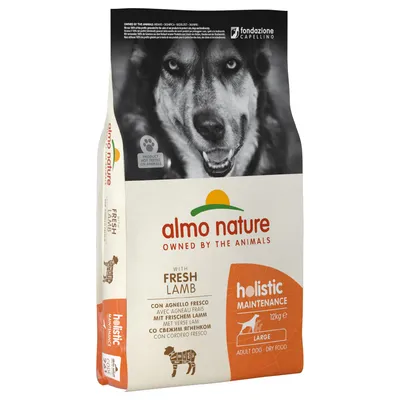 Almo Nature Holistic Maintenance tørfoder til hunde, med frisk lam, 12 kg, Large. Emballagen viser hundesymbol og produktoplysninger.