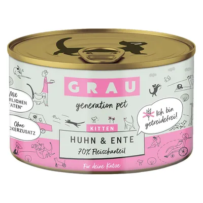GRAU generation pet Kitten kyckling & anka, 70 % köttandel, med naturliga ingredienser, utan tillsatt socker, spannmålsfri. För din katt.