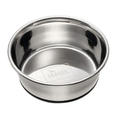 Stainless steel bowl with non-slip base and Hunter logo, suitable for food or water.
