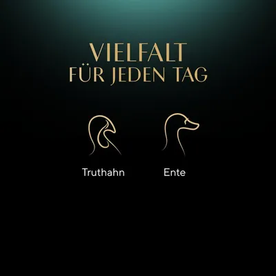 Texte en allemand : 'VIELFALT FÜR JEDEN TAG'. Illustrations stylisées de dinde (Truthahn) et canard (Ente).