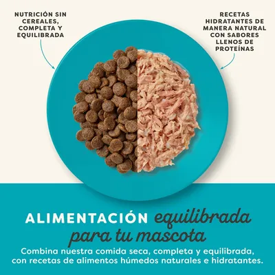 Plato con comida seca y húmeda, Texto: Alimentación sin cereales, completa y equilibrada. Recetas naturales y ricas en proteínas con alto contenido de humedad. Combina comida seca y húmeda.