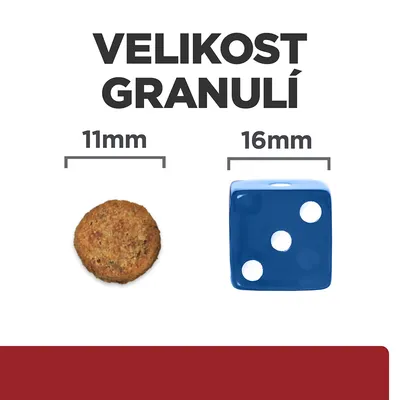 Velikost granulí: granule 11 mm vedle modré kostky 16 mm pro porovnání velikosti.