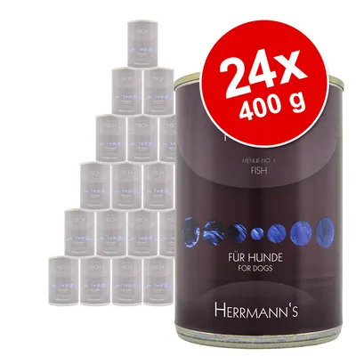Herrmann's FÜR HUNDE FOR DOGS Menu No. 1 Fish, 24x400 g dåser hundemad vist med tydelig rød cirkel med teksten '24x 400 g' foran produkterne.