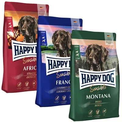 Happy Dog Sensible Trockenfutter für Hunde, Sorten: Africa (Strauß), France (Ente), Montana (Pferd), jeweils 11kg. Made in Germany, ohne Zusatz von Konservierungsstoffen.
