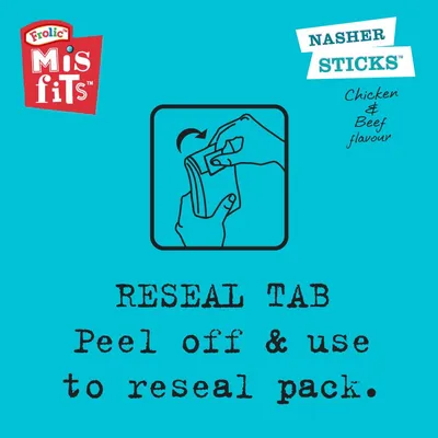 Instruction showing how to peel off and use the reseal tab to close the pack. Text: RESEAL TAB Peel off & use to reseal pack. Chicken & Beef flavour.