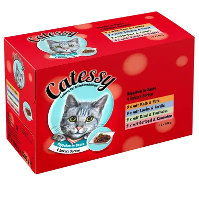 Catessy selection in sauce, 4 flavours: 3 with veal and turkey, 3 with salmon and trout, 3 with beef and turkey, 3 with poultry and rabbit. Pack contains 12 x 100g.
