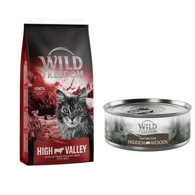 Wild Freedom cat food, one 6.5 kg High Valley dry bag with '100% grain-free recipe' and one Instinctive Hidden Woods wet food tin, both showing brand name and product names clearly.