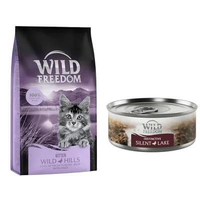 Wild Freedom kitten dry food Wild Hills with duck 2kg bag and Wild Freedom Instinctive Silent Lake wet food tin. 100% grain-free recipe text visible on bag.