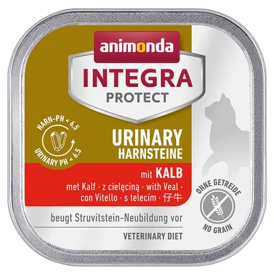 animonda INTEGRA PROTECT URINARY HARNSTEINE mit KALB, без зърнени храни, ветеринарна диета, Urinary pH < 6.5, с телешко месо, за предотвратяване на струвитни камъни. Текст на немски и английски.