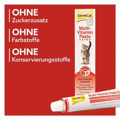 GimCat Multi-Vitamin Paste Extra. Ohne Zuckerzusatz, ohne Farbstoffe, ohne Konservierungsstoffe. Unterstützt Immunsystem und Zellstoffwechsel mit Beta-Glucan und Fischöl.