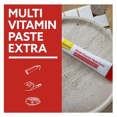 GimCat Multi-Vitamin Paste Extra tube op tafel, tekst: MULTI VITAMIN PASTE EXTRA. Illustraties van een tube, hand met pasta en voerbakje zichtbaar.
