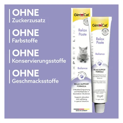 GimCat Relax Paste Balance, ohne Zuckerzusatz, Farbstoffe, Konservierungsstoffe und Geschmacksstoffe. Unterstützt Entspannung und Wohlbefinden in besonderen Situationen. Made in Germany.
