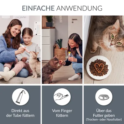 Einfache Anwendung: Direkt aus der Tube füttern, vom Finger füttern oder über das Futter geben (Trocken- oder Nassfutter).