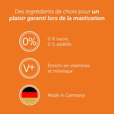 0 % sucre, 0 % additifs. Enrichi en vitamines et minéraux. Made in Germany. Des ingrédients de choix pour un plaisir garanti lors de la mastication.
