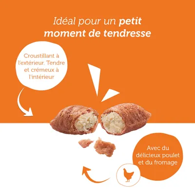 Idéal pour un petit moment de tendresse. Croustillant à l’extérieur, tendre et crémeux à l’intérieur. Avec du délicieux poulet et du fromage.