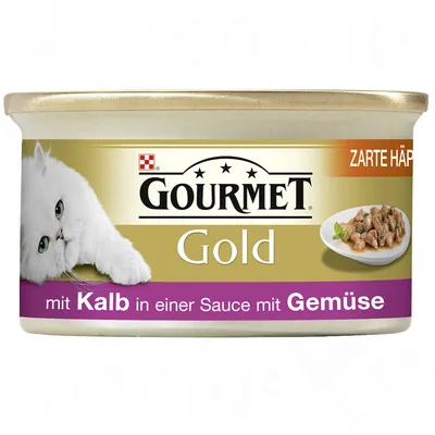 Lata Gourmet Gold com texto visível: 'mit Kalb in einer Sauce mit Gemüse'. Imagem de um gato branco e prato com pedaços de carne em molho. Texto adicional: Zarte Häppchen.
