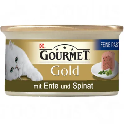 GOURMET Gold kattenvoer, feine pastete, met eend en spinazie. Blik met afbeelding van witte kat en paté op een bordje.