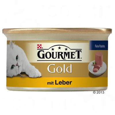Blikje Gourmet Gold kattenvoer, mit Leber, Feine Pastete. Afbeelding van witte kat en paté op een bord zichtbaar op het etiket.