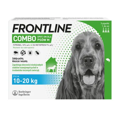 Frontline Combo spot-on dla psów M, 3 pipetki 1,34 ml, fipronil 10% + (S)-metopren 9%, na pchły, kleszcze i wszoły, psy 10–20 kg, Boehringer Ingelheim