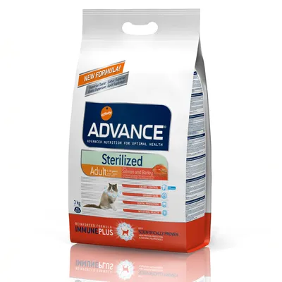 ADVANCE Sterilized Adult Salmon and Barley kattefoder, 3 kg. Tekst: Calory Control, Urinary Care, Dental Protection, Intestinal Health, Reinforced Formula IMMUNEPLUS, Scientifically Proven.