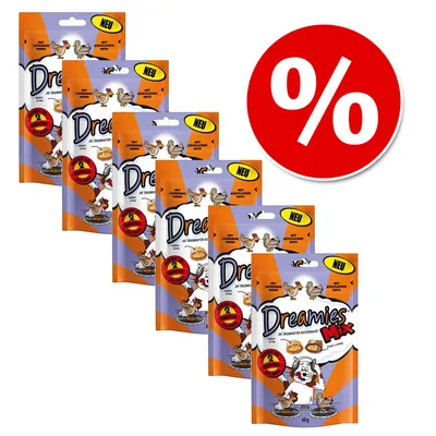 Набор из 6 упаковок Dreamies Mix, каждая по 60 г, с изображением утки и курицы, надпись «NEU», красный круг с символом процента для акции или скидки.