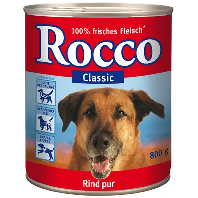 Rocco Classic 100% frisches Fleisch, Rind pur, 800 g. Tekst in het Duits: unterstützt gute Verdauung, glänzendes Fell, Kraft & Energie.