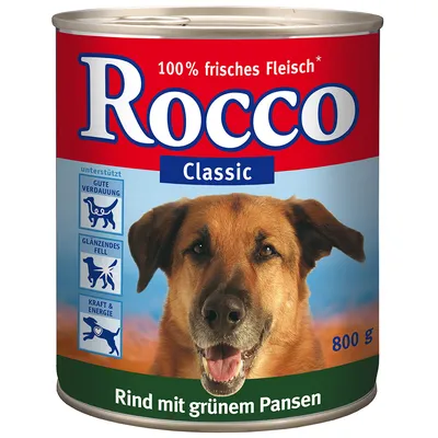 Blik Rocco Classic hondenvoer, 800 g. Tekst: 100% frisches Fleisch*, Rind mit grünem Pansen. Pictogrammen: ondersteunt goede vertering, glanzend vacht, kracht & energie.