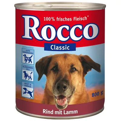 Blik Rocco Classic 800 g, opschrift: 100% frisches Fleisch, Rind mit Lamm. Pictogrammen: ondersteunt goede vertering, glanzend vacht, kracht & energie.