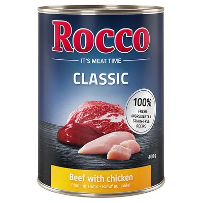 Rocco Classic burk, nötkött med kyckling, 100 % färska ingredienser, spannmålsfritt recept, 400 g.
