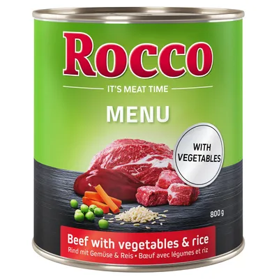 Rocco Menu Dose, Rind mit Gemüse und Reis, 800g. Text: 'It's Meat Time' und 'With Vegetables'.